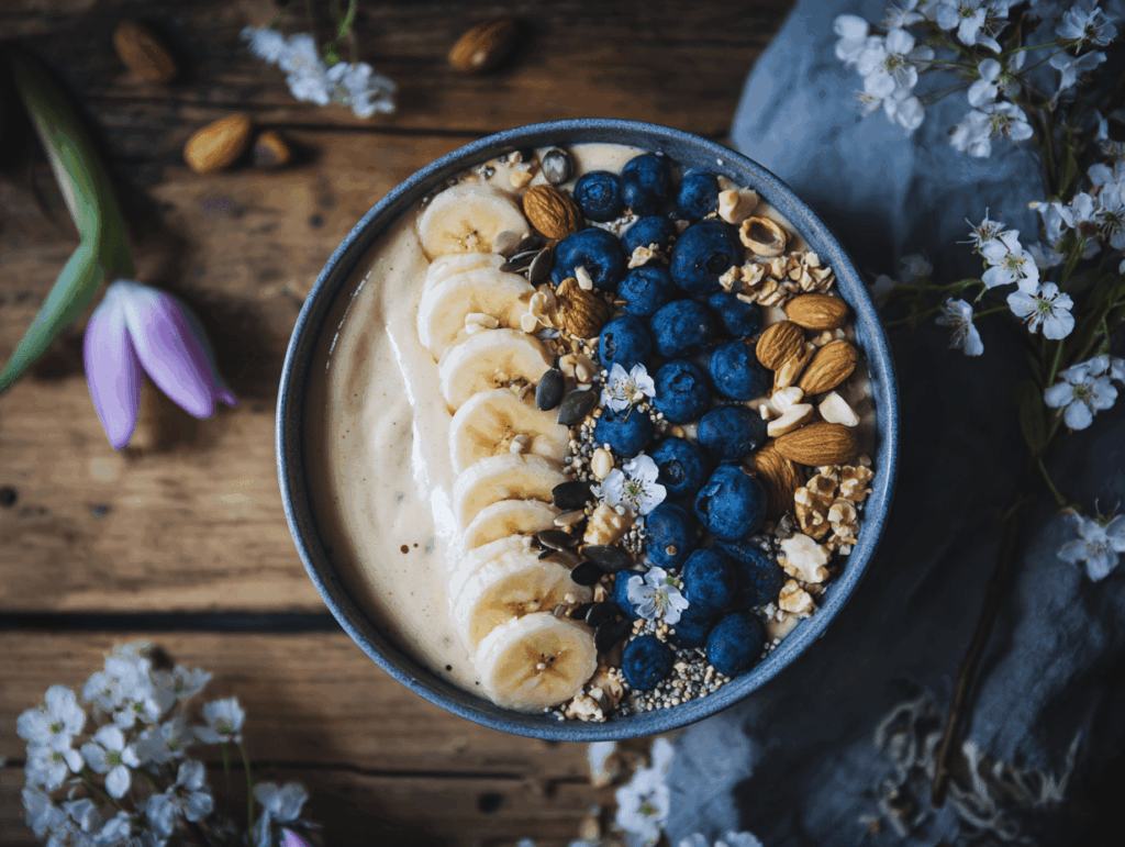 smoothie bowl zum löffeln aus banane, blaubeere, proteinpukver und mandelmilch, topping mit nüssen und samen